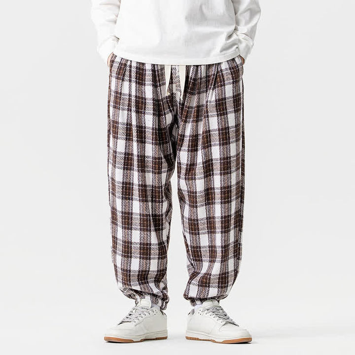 Buddha Stones Fall Winter Casual Drawstring Plaid Ankle Pants Men's Harem Pants With Pockets - Tan - US/UK/AU46，EU56 (5XL) - image 9