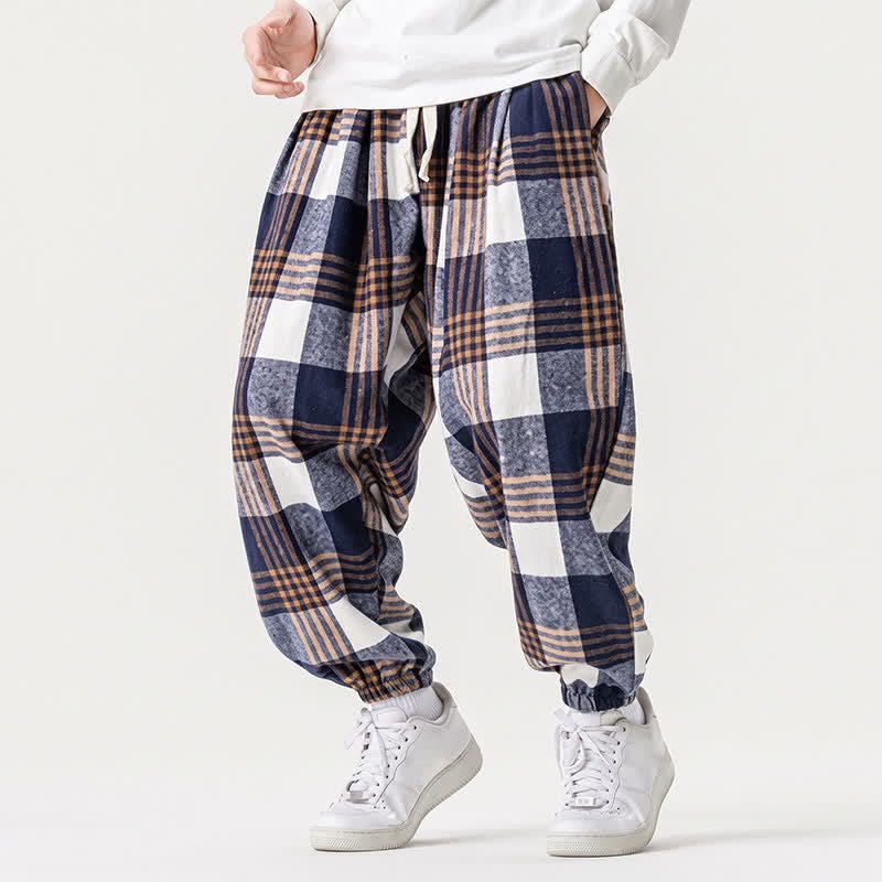 Buddha Stones Fall Winter Casual Drawstring Plaid Ankle Pants Men's Harem Pants With Pockets - SteelBlue - US/UK/AU46，EU56 (5XL) - image 0
