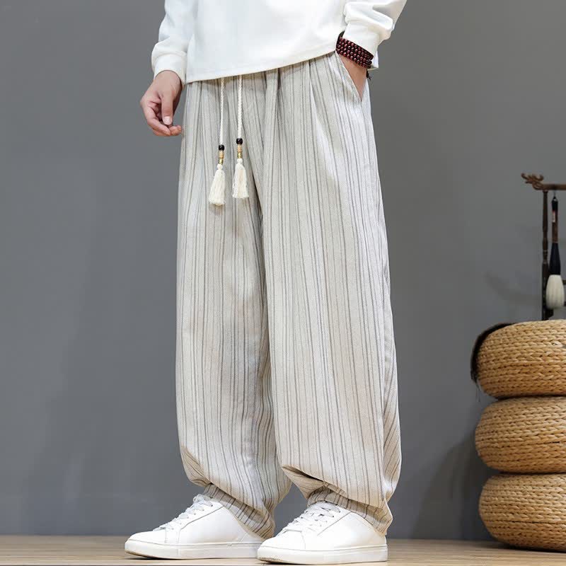 Buddha Stones Fall Casual Drawstring Striped Long Pants Men's Straight Leg Pants With Pockets - White - US/UK/AU46，EU56 (5XL) - image 27