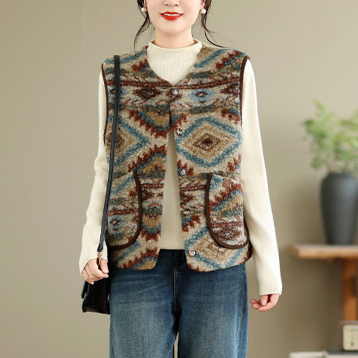 Buddha Stones Fall Winter Casual Vintage Button-Up Geometric Tank Top Women's Vest With Pocket - Tan - US8-10, UK/AU12-14, EU40-42 (2XL) - image 0