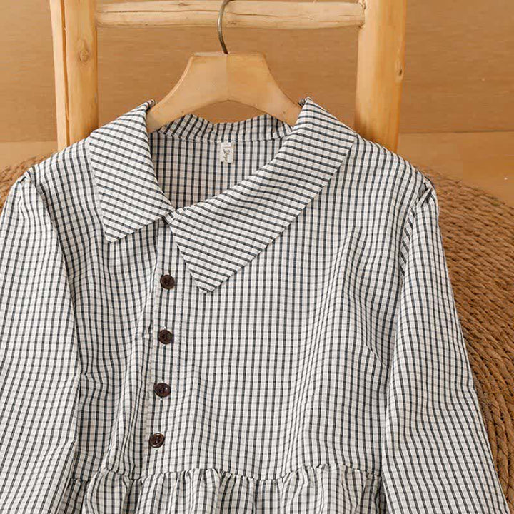 Buddha Stones Fall Vintage Casual Button-Up White Plaid Women's Long Sleeve Dress With Pockets - image 3