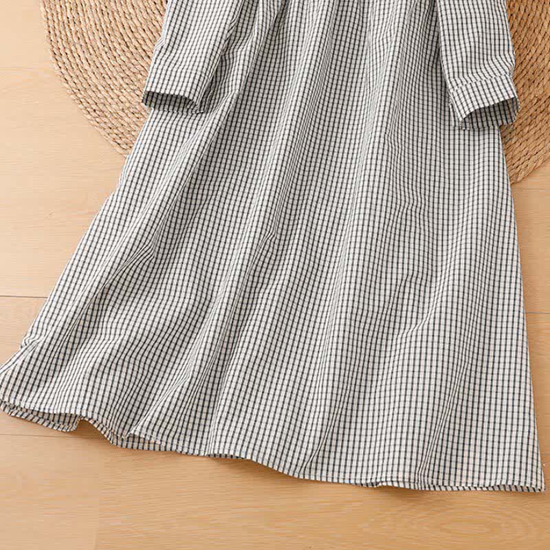 Buddha Stones Fall Vintage Casual Button-Up White Plaid Women's Long Sleeve Dress With Pockets - image 4