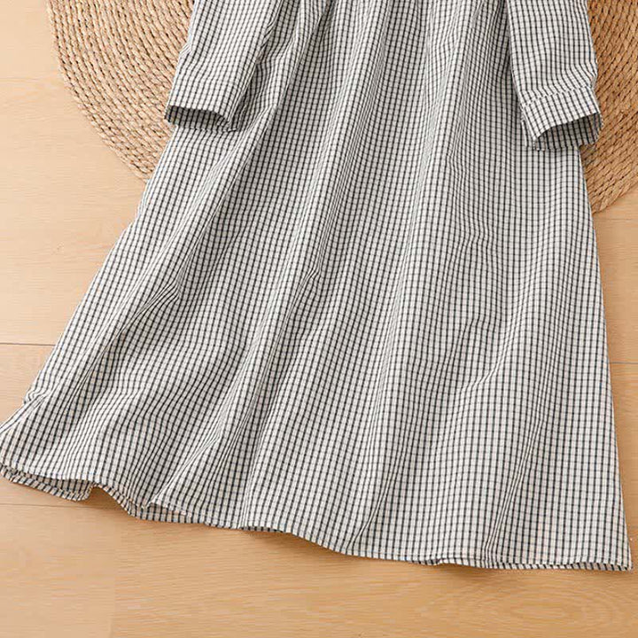 Buddha Stones Fall Vintage Casual Button-Up White Plaid Women's Long Sleeve Dress With Pockets - image 4