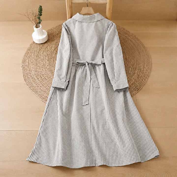 Buddha Stones Fall Vintage Casual Button-Up White Plaid Women's Long Sleeve Dress With Pockets - image 1