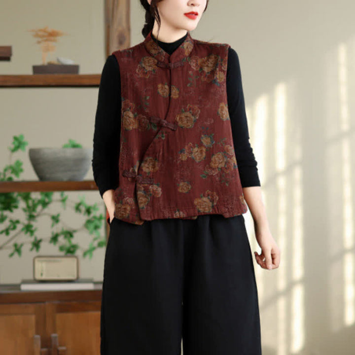 Buddha Stones Fall Vintage Tang Style Frog Button Floral Tank Top Women's Vest - Red - US4-6, UK/AU8-10, EU36-38 (F) - image 3