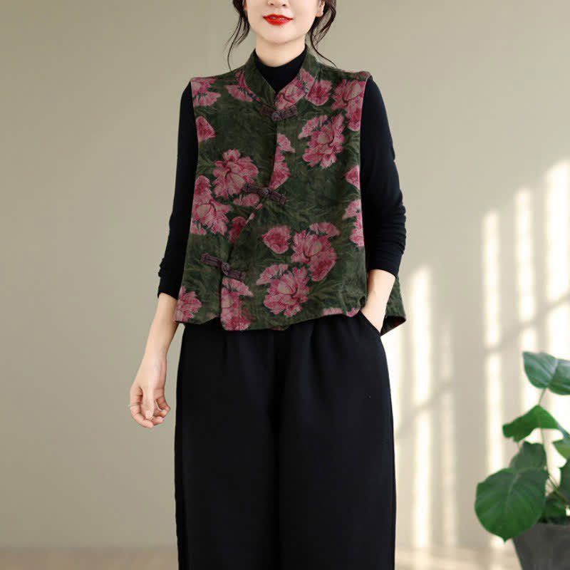 Buddha Stones Fall Vintage Tang Style Frog Button Floral Tank Top Women's Vest - image 9