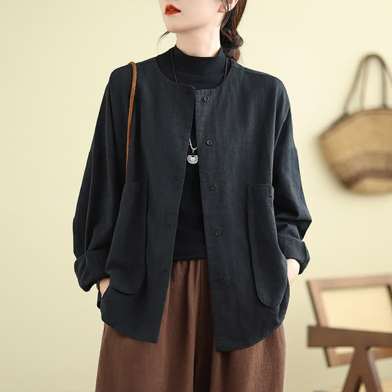Buddha Stones Spring Fall Casual Retro Button-Up Solid Women's Jacket With Pockets - Black - US14, UK/AU18, EU46 (2XL) - image 10