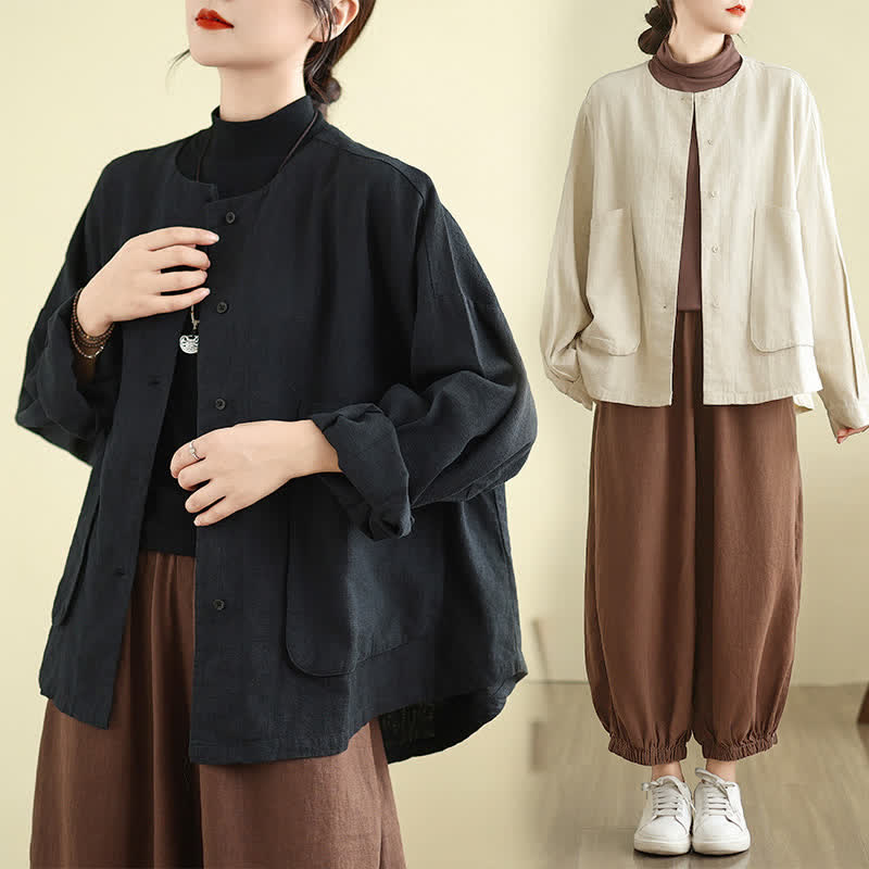Buddha Stones Spring Fall Casual Retro Button-Up Solid Women's Jacket With Pockets - image 15