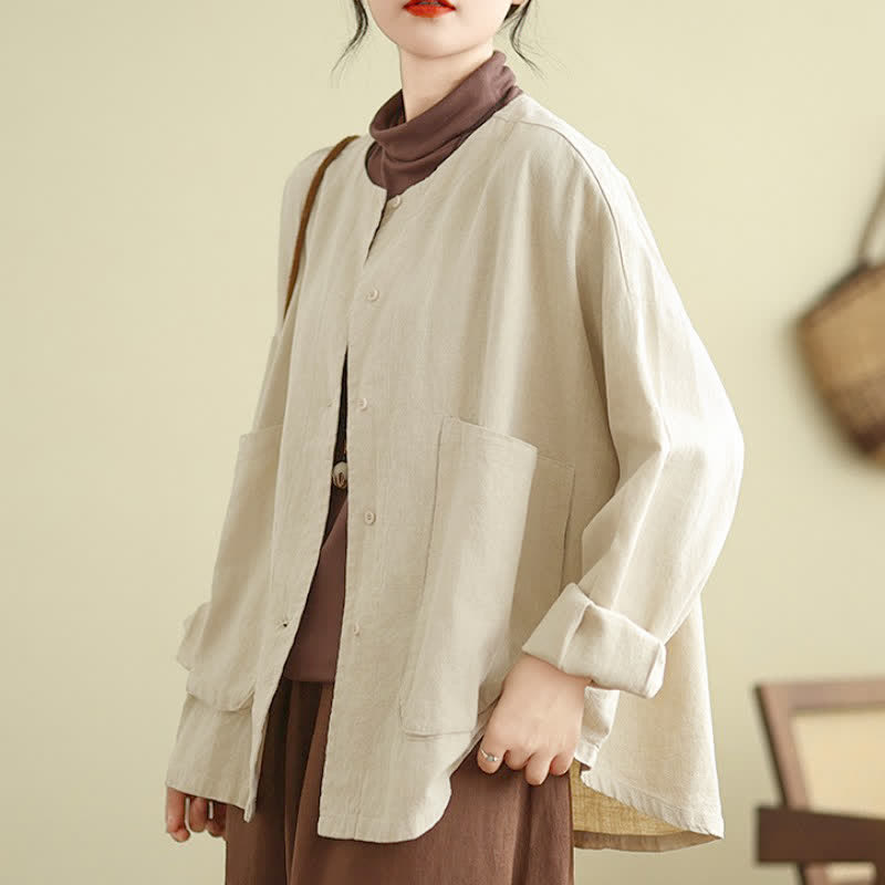Buddha Stones Spring Fall Casual Retro Button-Up Solid Women's Jacket With Pockets - image 2