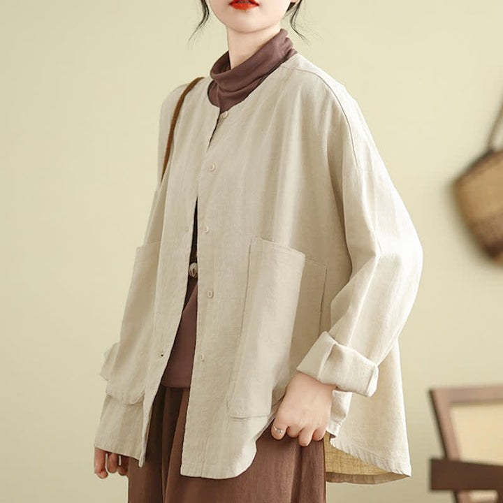 Buddha Stones Spring Fall Casual Retro Button-Up Solid Women's Jacket With Pockets - image 2