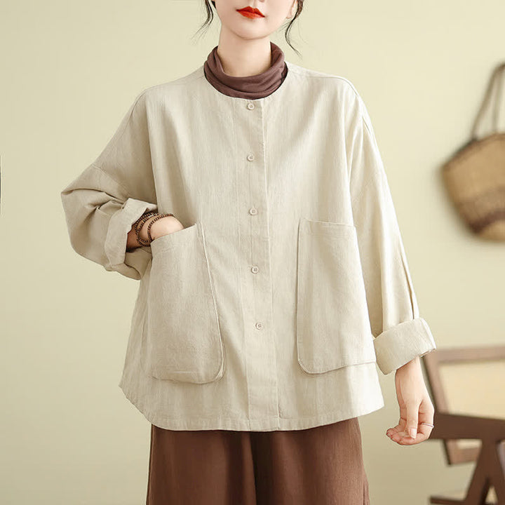 Buddha Stones Spring Fall Casual Retro Button-Up Solid Women's Jacket With Pockets - image 1