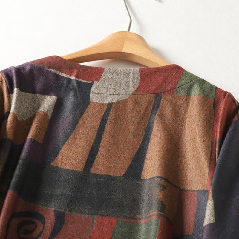 Buddha Stones Fall Winter Vintage Boho Geometric Patchwork Abstract Cotton Women's Long Sleeve Dress With Pockets - image 3