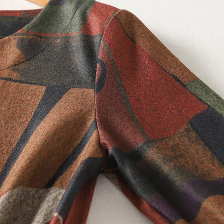 Buddha Stones Fall Winter Vintage Boho Geometric Patchwork Abstract Cotton Women's Long Sleeve Dress With Pockets - image 4