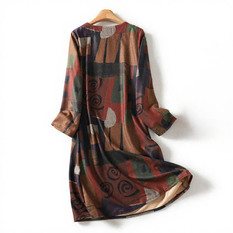 Buddha Stones Fall Winter Vintage Boho Geometric Patchwork Abstract Cotton Women's Long Sleeve Dress With Pockets - image 1