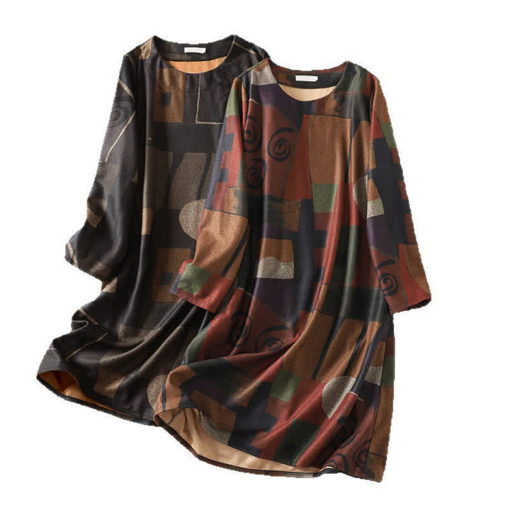 Buddha Stones Fall Winter Vintage Boho Geometric Patchwork Abstract Cotton Women's Long Sleeve Dress With Pockets - image 10