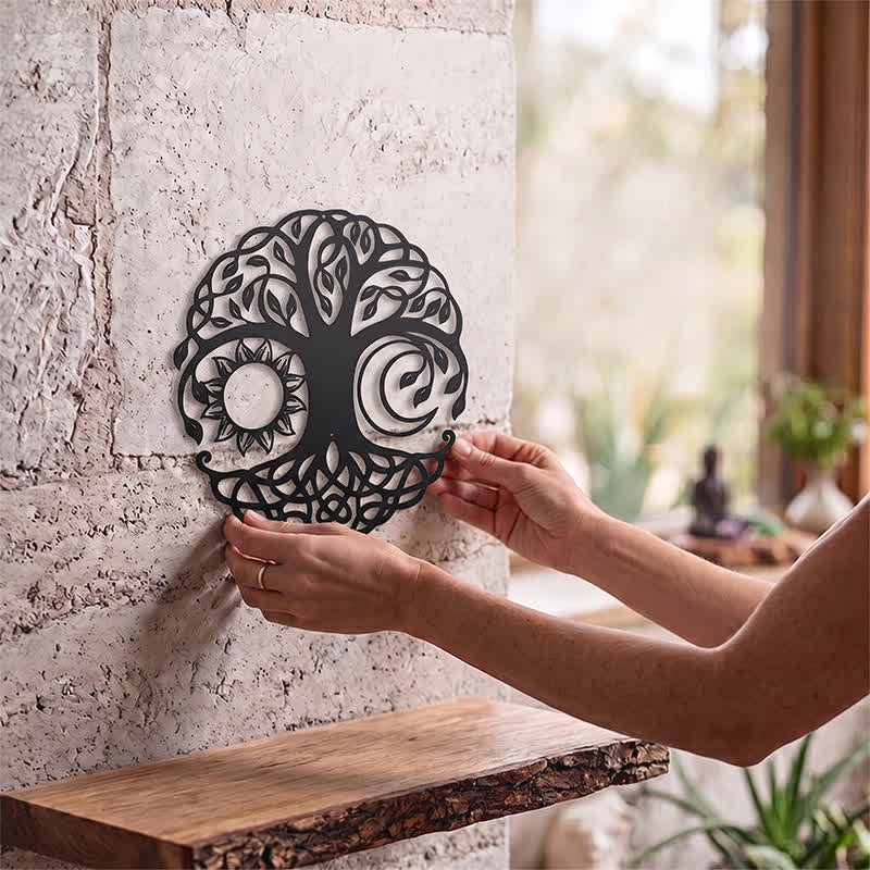 Buddha Stones Metal Tree of Life Unity Sun Moon Round Meaningful Symbols Wall Art - image 1