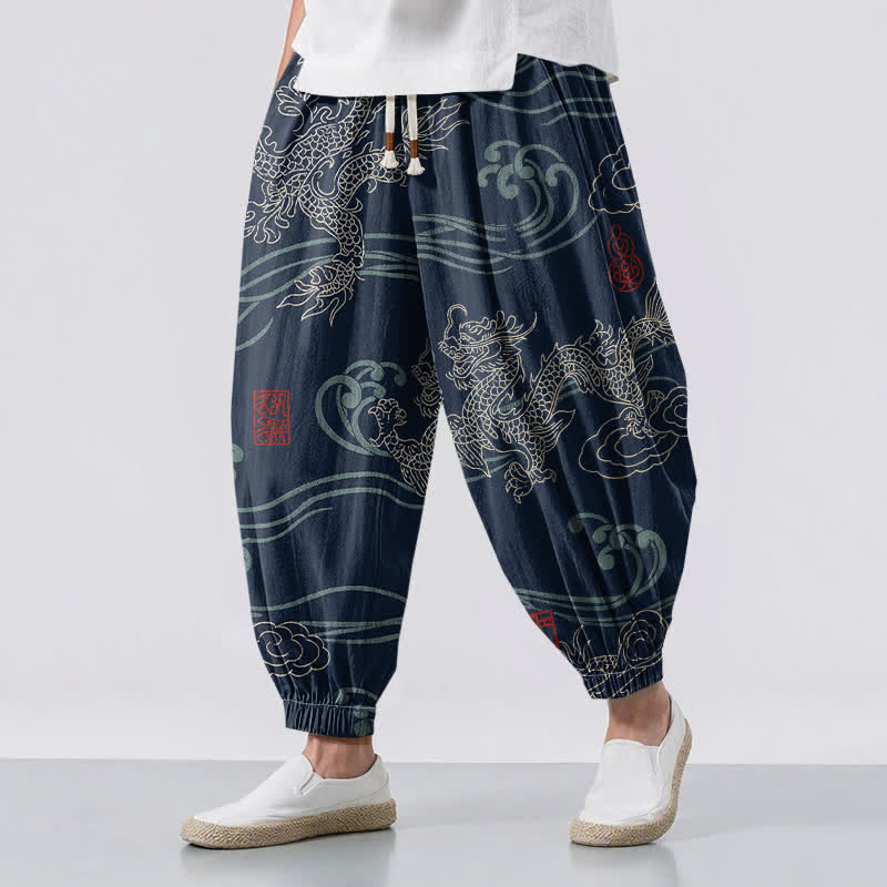 Buddha Stones Pure Cotton Ethnic Dragon Art Pattern Drawstring Men's Harem Pants With Pockets - MidnightBlue - US/UK/AU50，EU60 (5XL) - image 0
