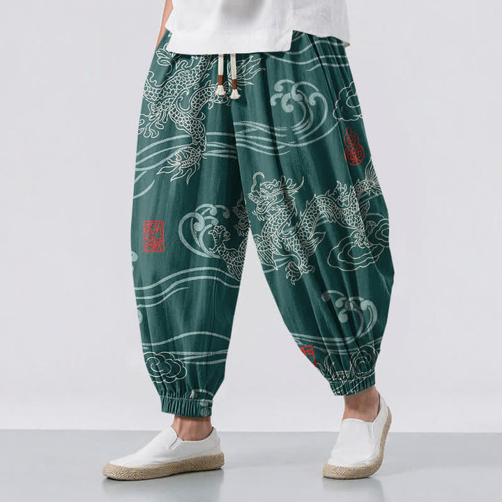 Buddha Stones Pure Cotton Ethnic Dragon Art Pattern Drawstring Men's Harem Pants With Pockets - Teal - US/UK/AU50，EU60 (5XL) - image 6