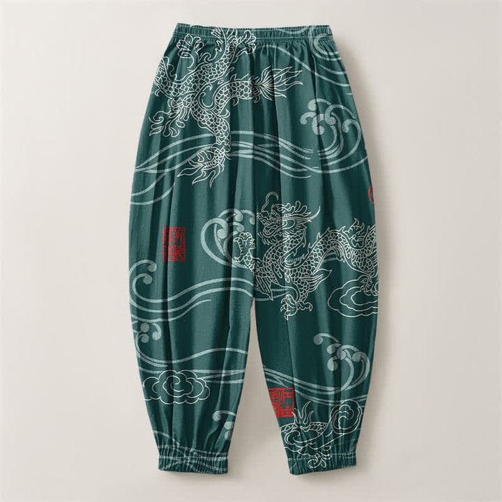 Buddha Stones Pure Cotton Ethnic Dragon Art Pattern Drawstring Men's Harem Pants With Pockets - image 8