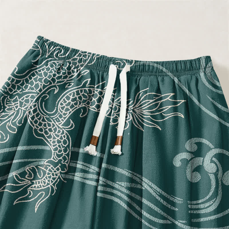 Buddha Stones Pure Cotton Ethnic Dragon Art Pattern Drawstring Men's Harem Pants With Pockets - image 9