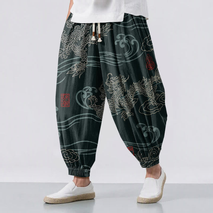 Buddha Stones Pure Cotton Ethnic Dragon Art Pattern Drawstring Men's Harem Pants With Pockets - DarkSlateGray - US/UK/AU50，EU60 (5XL) - image 12