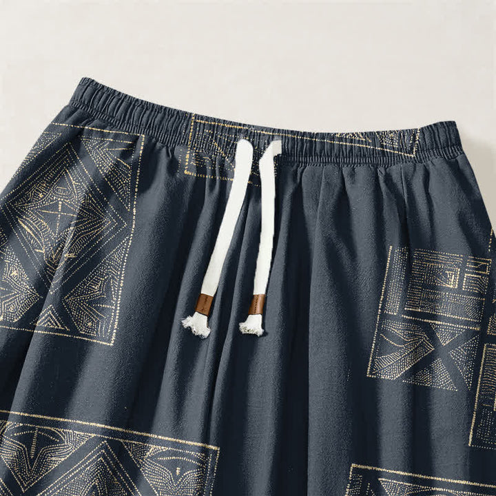 Buddha Stones Pure Cotton Ethnic Lattice Pattern Drawstring Men's Harem Pants With Pockets - image 3