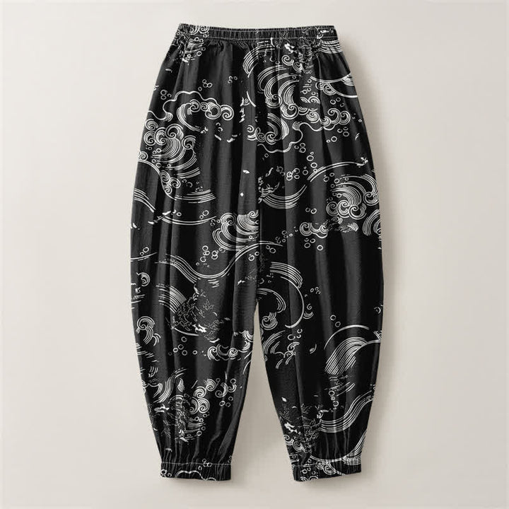 Buddha Stones Pure Cotton Cloud Wave Pattern Drawstring Men's Harem Pants With Pockets - image 2
