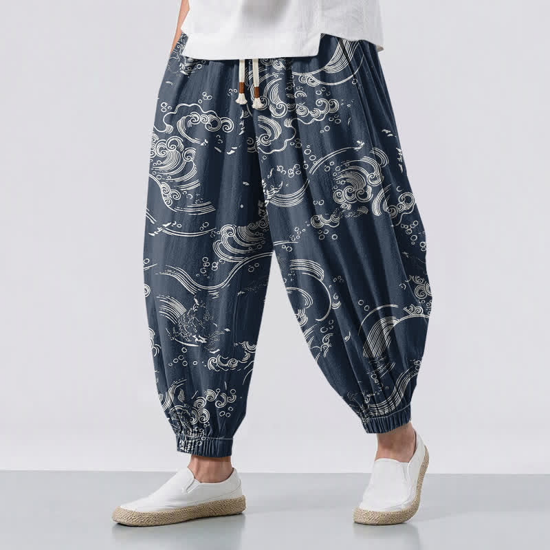 Buddha Stones Pure Cotton Cloud Wave Pattern Drawstring Men's Harem Pants With Pockets - Navy - US/UK/AU50，EU60 (5XL) - image 6