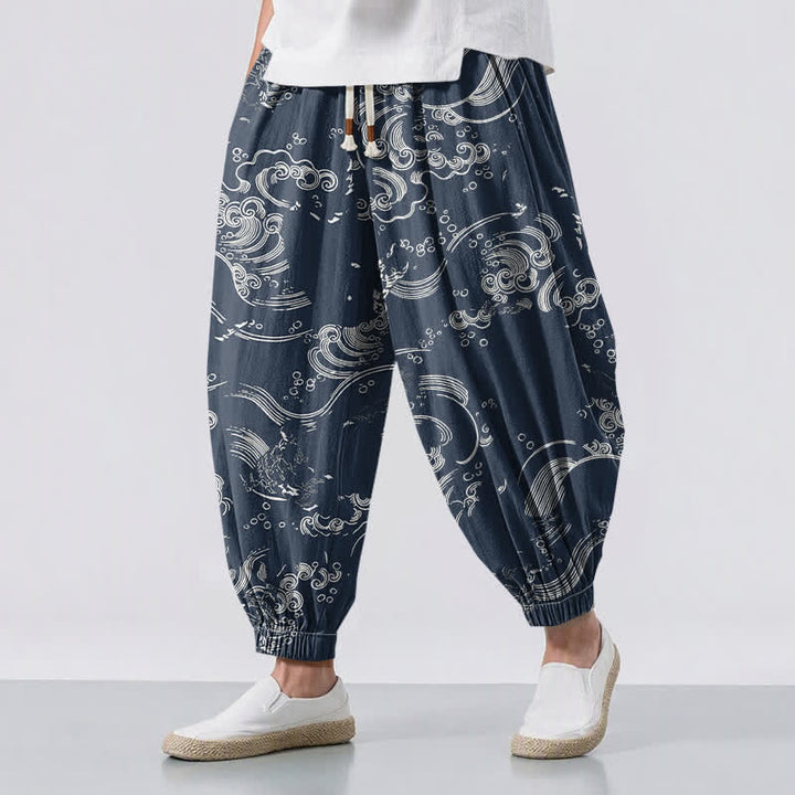 Buddha Stones Pure Cotton Cloud Wave Pattern Drawstring Men's Harem Pants With Pockets - Navy - US/UK/AU50，EU60 (5XL) - image 6