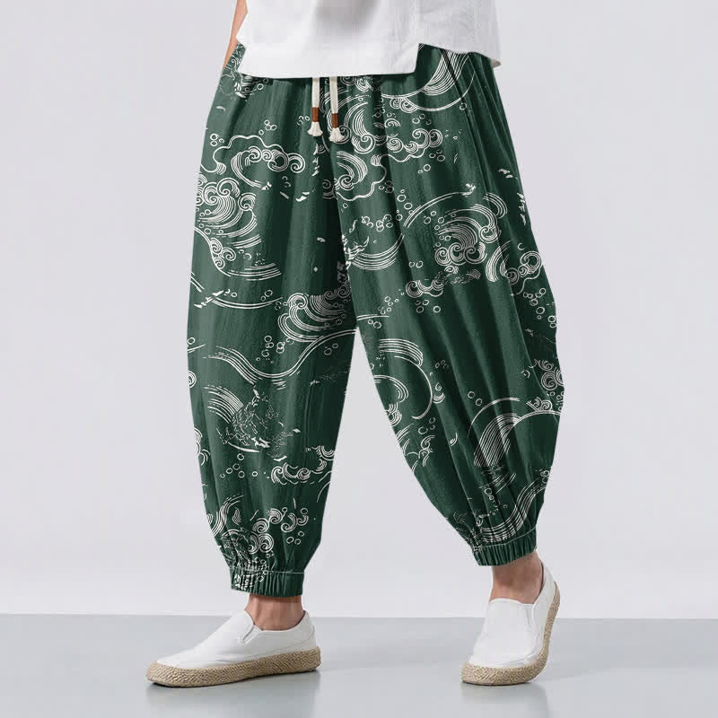 Buddha Stones Pure Cotton Cloud Wave Pattern Drawstring Men's Harem Pants With Pockets - DarkGreen - US/UK/AU50，EU60 (5XL) - image 12