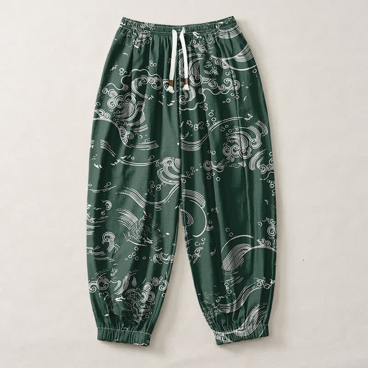 Buddha Stones Pure Cotton Cloud Wave Pattern Drawstring Men's Harem Pants With Pockets - image 13