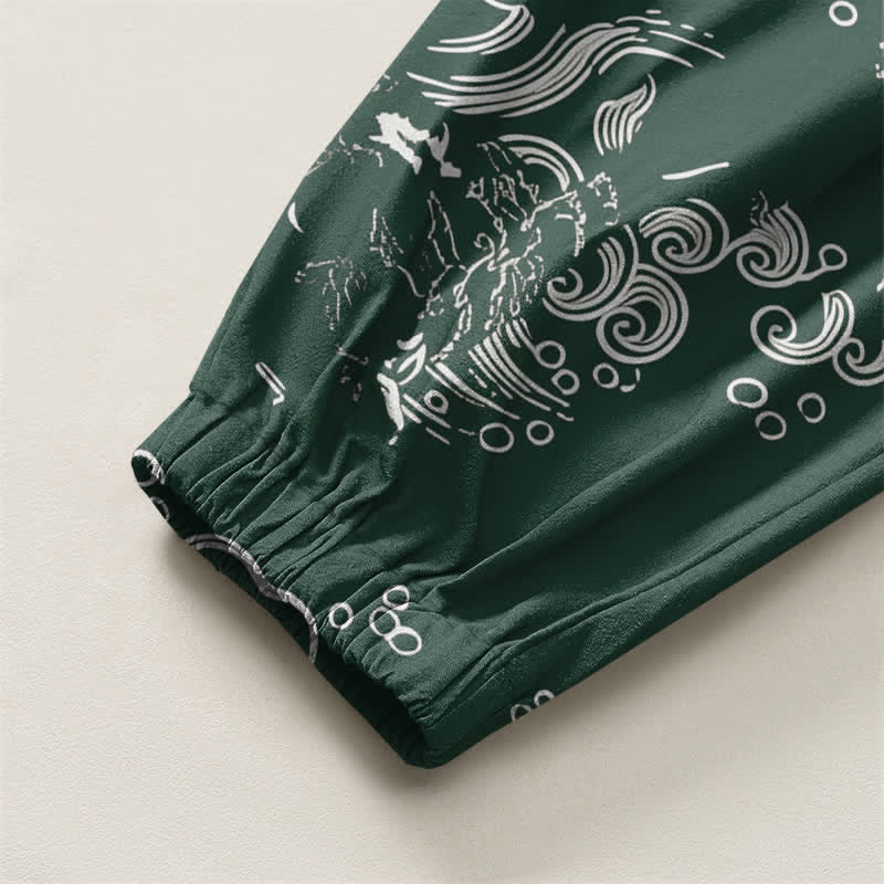 Buddha Stones Pure Cotton Cloud Wave Pattern Drawstring Men's Harem Pants With Pockets - image 16