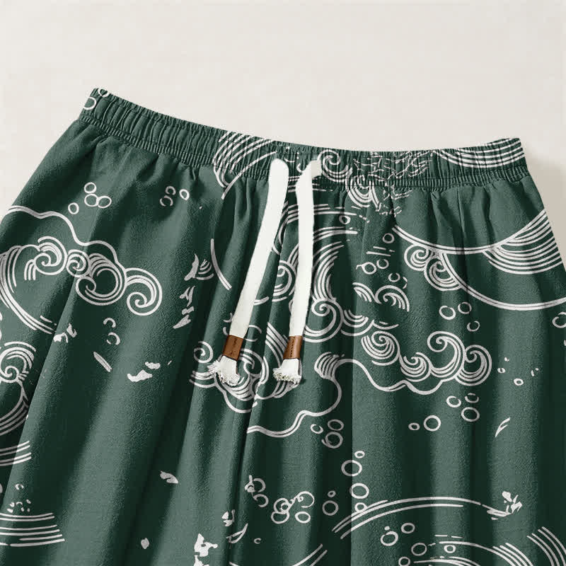 Buddha Stones Pure Cotton Cloud Wave Pattern Drawstring Men's Harem Pants With Pockets - image 15