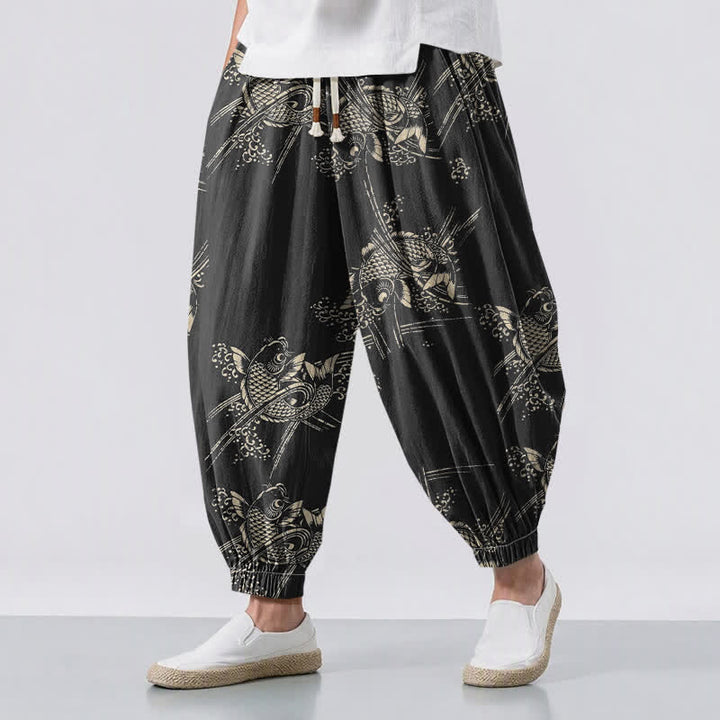 Buddha Stones Pure Cotton Koi Fish Pattern Drawstring Men's Harem Pants With Pockets - Black - US/UK/AU50，EU60 (5XL) - image 0
