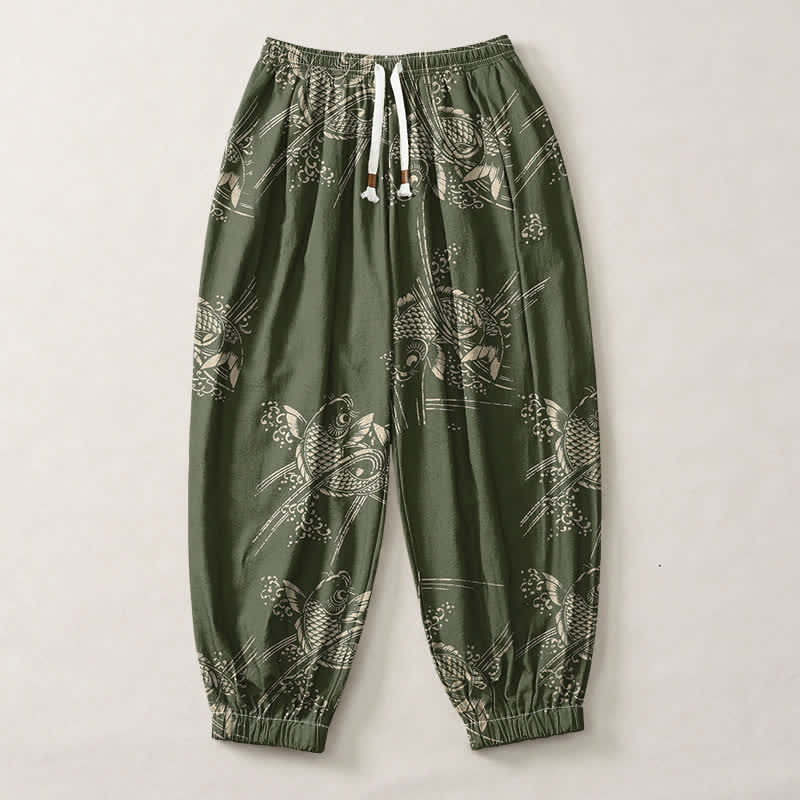 Buddha Stones Pure Cotton Koi Fish Pattern Drawstring Men's Harem Pants With Pockets - image 13