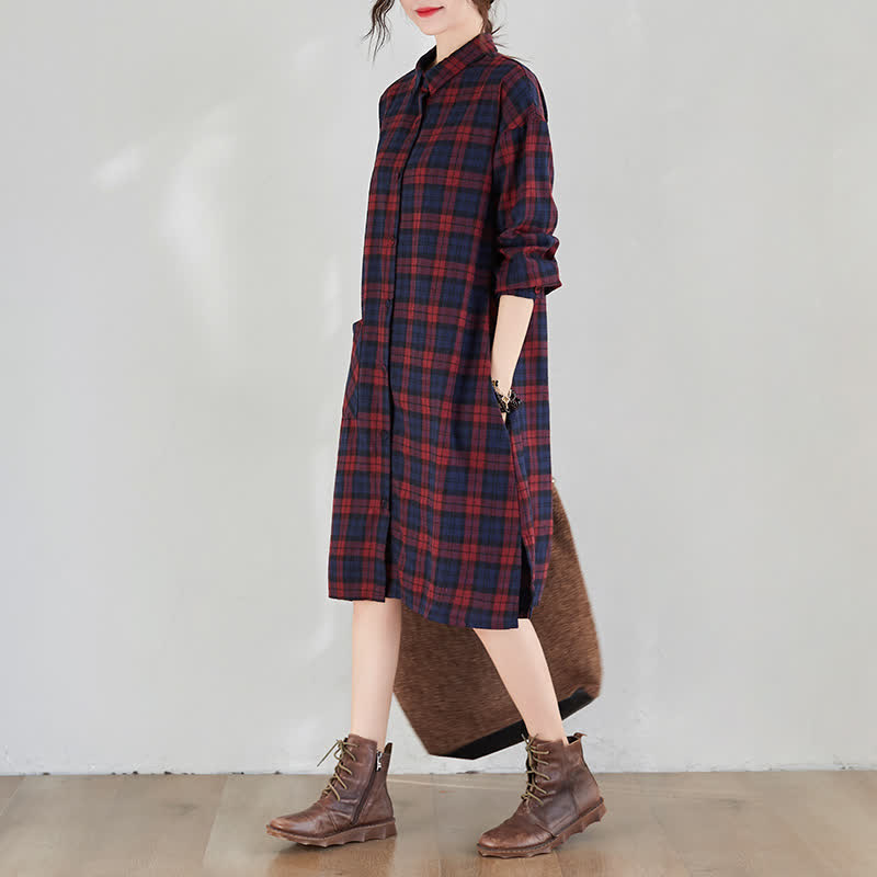 Buddha Stones Fall Casual Vintage Button-Up Plaid Women's Long Sleeve Dresses With Pocket - image 6