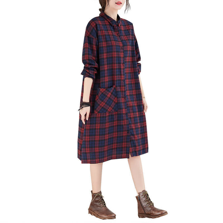 Buddha Stones Fall Casual Vintage Button-Up Plaid Women's Long Sleeve Dresses With Pocket - image 10