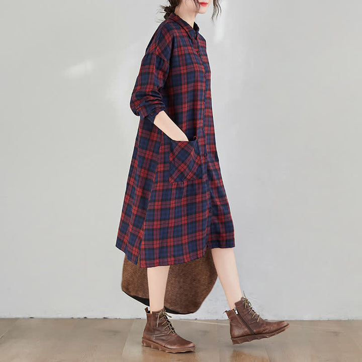Buddha Stones Fall Casual Vintage Button-Up Plaid Women's Long Sleeve Dresses With Pocket - image 7