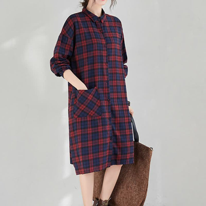 Buddha Stones Fall Casual Vintage Button-Up Plaid Women's Long Sleeve Dresses With Pocket - image 1