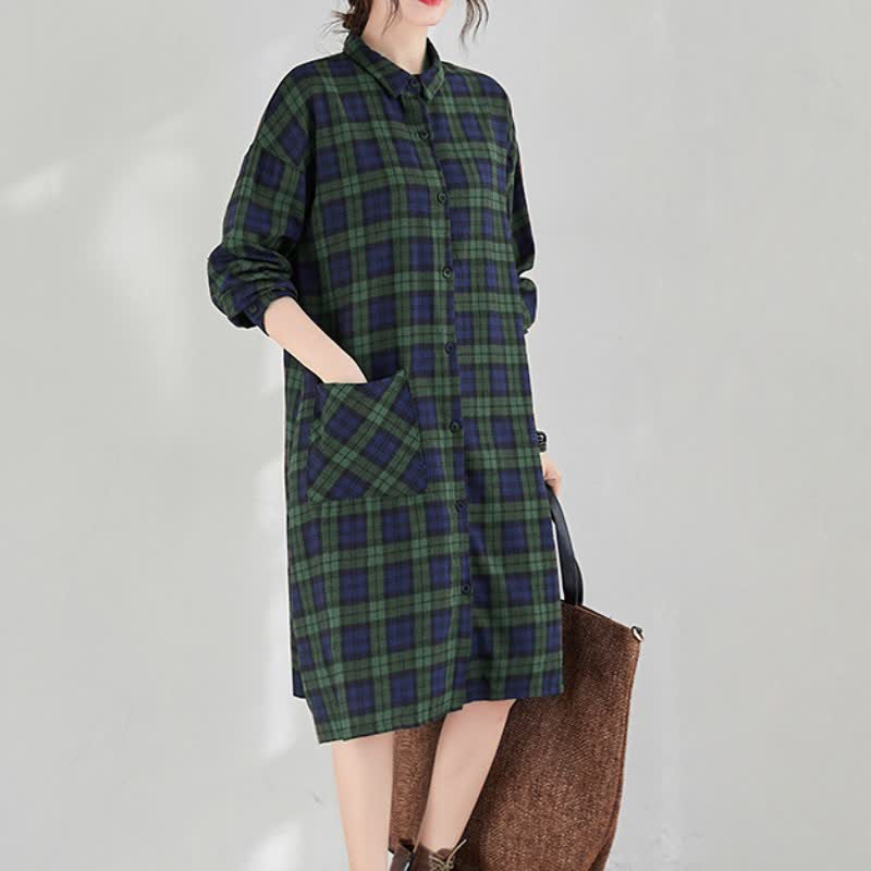 Buddha Stones Fall Casual Vintage Button-Up Plaid Women's Long Sleeve Dresses With Pocket - image 18