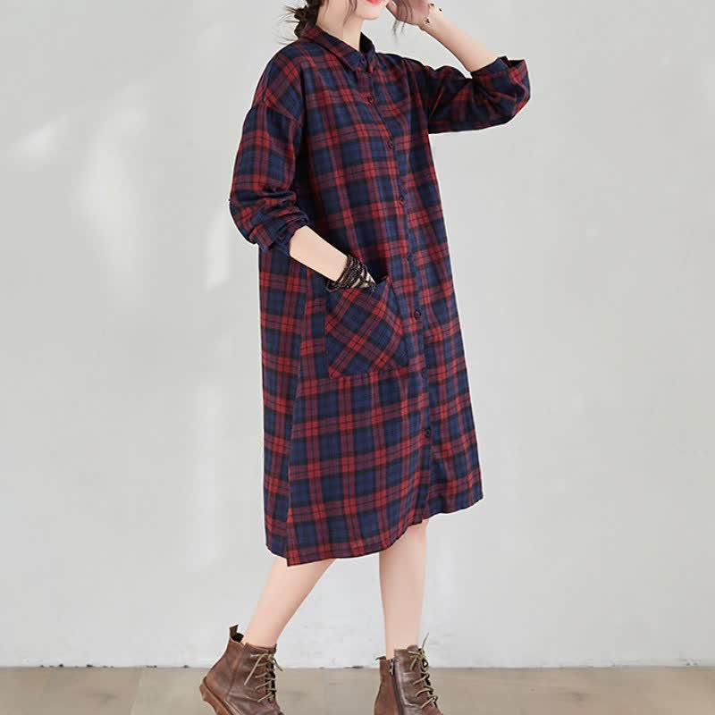 Buddha Stones Fall Casual Vintage Button-Up Plaid Women's Long Sleeve Dresses With Pocket - image 8