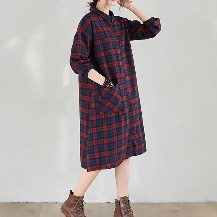 Buddha Stones Fall Casual Vintage Button-Up Plaid Women's Long Sleeve Dresses With Pocket - image 8