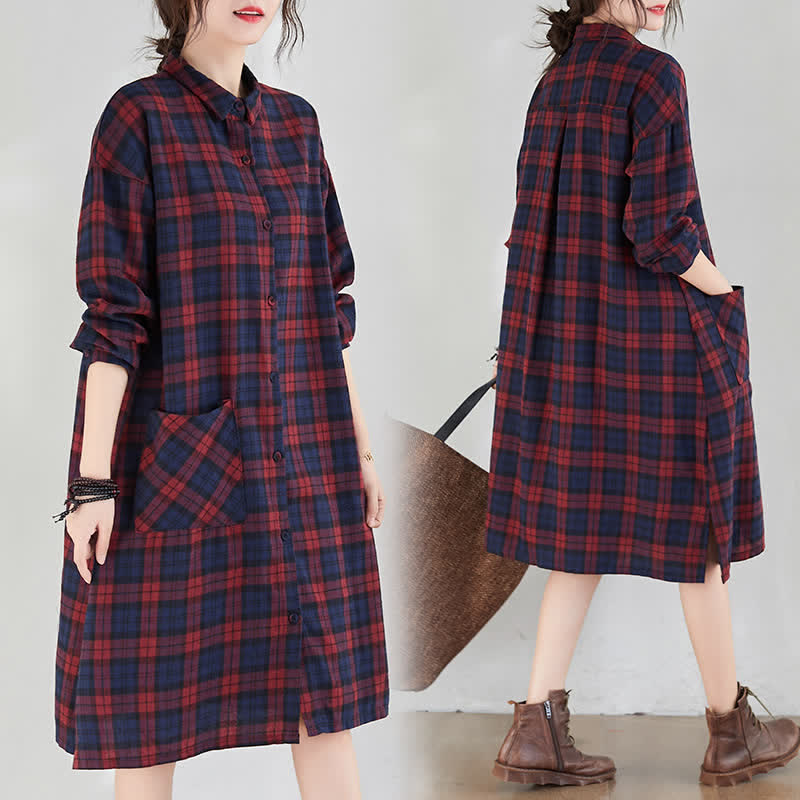 Buddha Stones Fall Casual Vintage Button-Up Plaid Women's Long Sleeve Dresses With Pocket - image 9