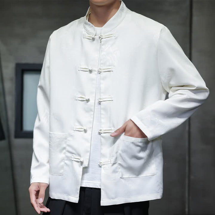 Buddha Stones Fall Tang Style Vintage Frog Button Mountains Solid Men's Long Sleeve Shirts With Pockets - White - US/UK/AU46, EU56 (5XL) - image 11