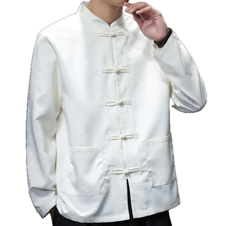 Buddha Stones Fall Tang Style Vintage Frog Button Mountains Solid Men's Long Sleeve Shirts With Pockets - image 16