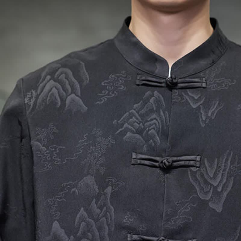 Buddha Stones Fall Tang Style Vintage Frog Button Mountains Solid Men's Long Sleeve Shirts With Pockets - image 7