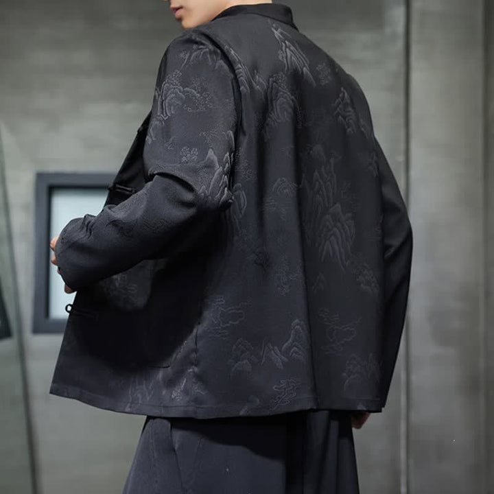 Buddha Stones Fall Tang Style Vintage Frog Button Mountains Solid Men's Long Sleeve Shirts With Pockets - image 4