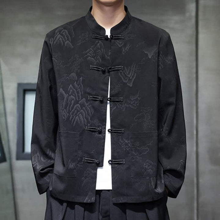 Buddha Stones Fall Tang Style Vintage Frog Button Mountains Solid Men's Long Sleeve Shirts With Pockets - image 5