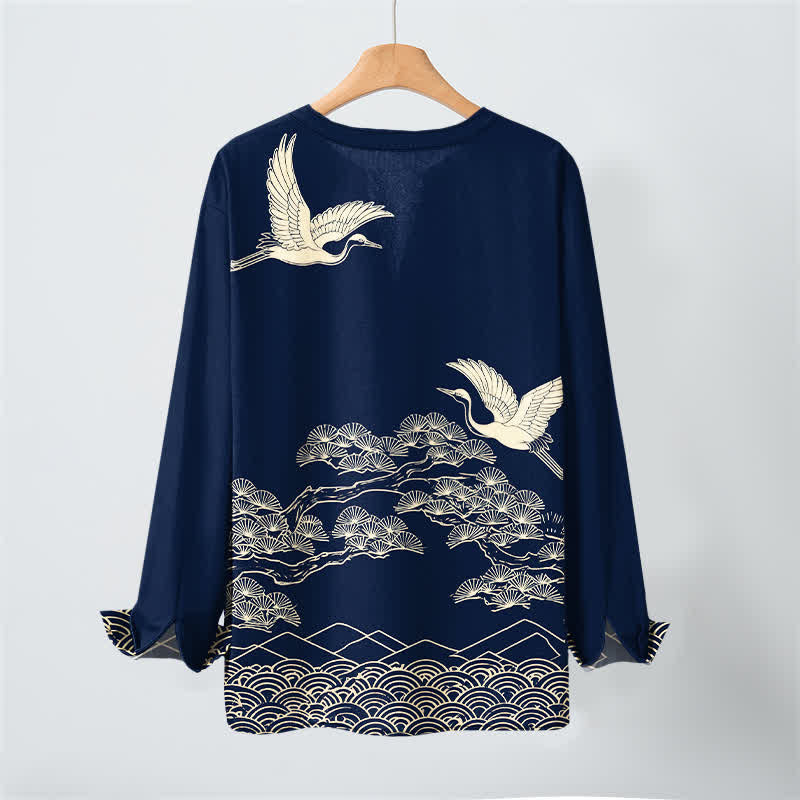 Buddha Stones Cotton Flying Crane Cloud Pattern V-Neck Buttons Men's Long Sleeve Shirts - image 3
