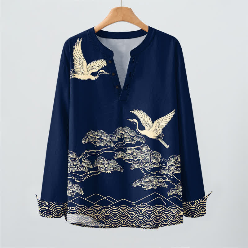 Buddha Stones Cotton Flying Crane Cloud Pattern V-Neck Buttons Men's Long Sleeve Shirts - image 2
